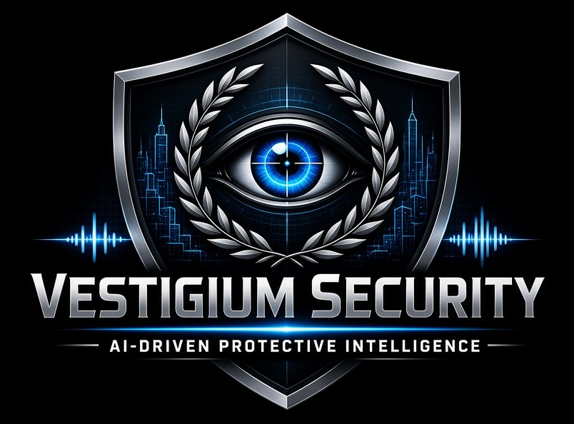Vestigium Security logo: a watchful blue eye with a reticle inside a silver laurel wreath on a chrome shield over a wireframe skyline, above the wordmark VESTIGIUM SECURITY and the tagline AI-Driven Protective Intelligence